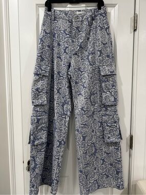 Avec Les Filles Blue and White Rose Jacquard Cargo Pants